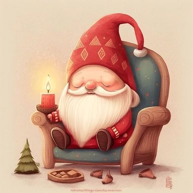 A watercolor painting of a Santa Claus gnome sitting in an armchair by an open log fire , reindeer lying on a rug on the floor, reindeer, Santa suit, gnomes, Father Christmas Gnome, gnome, Gonk, cute gnome, gnome, cute detailed digital art, inspired by nicoletta ceccoli, by Kubisi art, whimsical and cute, by nicoletta ceccoli, cute detailed artwork, glimmering, adorable and whimsical, whimsical art, Clipart style, png style, svg style, blank white background, a solid white background