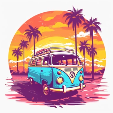artwork of t-shirt graphic design, flat design of one retro,VW MICROBUS, miami street, palms in the back, colorful shades, highly detailed clean, vector image, photorealistic masterpiece, professional photography, realistic car, sunset, isometric, vibrant vector, flat white background, clipart, circle