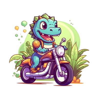Create a clipart of a cute dinosaur in a leather jacket riding a vintage motorcycle. Vibrant colors. Kawaii style. Jungle trees before a White Background, soft lighting.