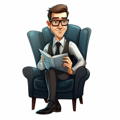 man in glasses and a tie on an armchair with a folder simple clipart