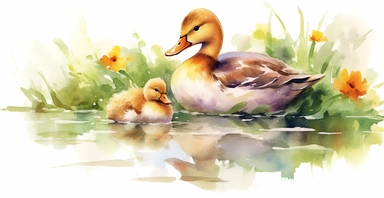 Adorable mother and baby duck, lake, countryside, vivid colours, ornamental watercolor clipart, white background, I can’t believe how beautiful this is