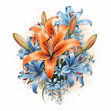 a bouquet of bright orange tiger lilies with blue baby’s breath, color pencil sketch on a white background for clipart