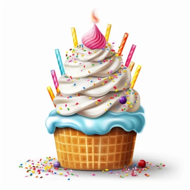 Generate a clipart image of a birthday cake with an ice cream theme. Incorporate elements like ice cream cones, scoops of ice cream, and colorful sprinkles to create a cake that resembles a giant ice cream sundae.