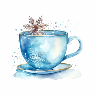 watercolor clipart of a cute charming cup of tea, sparkles, winter wonderland vibes, isolated on white background