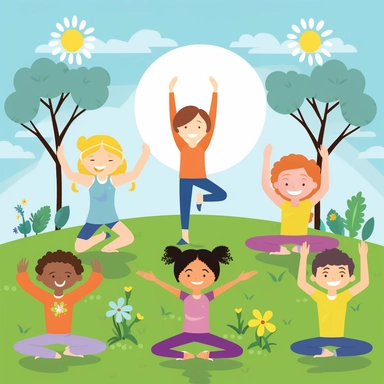 playful and inviting clipart illustration featuring a group of happy children practicing various yoga poses in a bright and colorful setting (content). The image should be created in a clean, flat vector style (medium) that is easily understood and engaging for young audiences (style). Use soft, ambient lighting to create a calm and relaxing atmosphere (lighting). Choose a cheerful color palette with pastel shades of blue, green, yellow, and pink to evoke a sense of joy and serenity (colors). Co