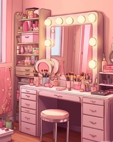 Vanity Area clipart A well-lit vanity area would be a must-have for a girly model. It would consist of a chic dressing table with a large mirror, surrounded by makeup organizers, brushes, and beauty products. The vanity might also include a selection of perfumes and jewelry Illustration Anime in the style of KR0nPR1NZ or Ilya Kuvshinov