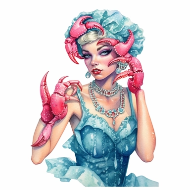 Hand drawn pin up dressed like cancer the crab, shades of blue green pink and red, glamorous, half body, very detailed and realistic, watercolor, white background with margins, clipart style