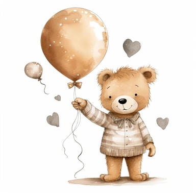 Boho teddy bear clipart for a nursery, light brown tone for a boy, holding one balloon, solid white background