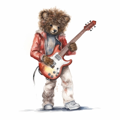 a watercolor of a realistic Michael Jackson teddy bear on stage, rock band style, vector free clipart illustration, in the style of unreal engine 5, 32k uhd, detailed features, white background