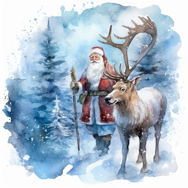 Clipart on blue backgraund red Santa Claus with a Christmas deer in a snowy green forest water color