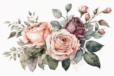 watercolor blush roses bouquet, isolated, white background, clipart