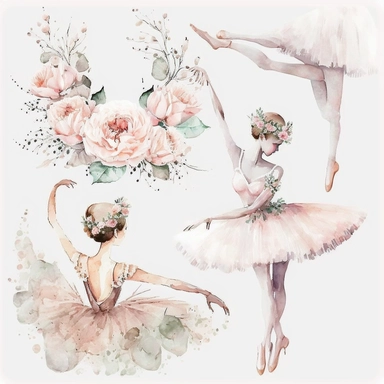 Ballerina, Fashion Girl Clip Art, Watercolor Clipart, Ballet Dance Swan Dancer, Tutu, Pointe Shoes, Flowers, Hand Drawn, Graphics on white background with margins, 8k