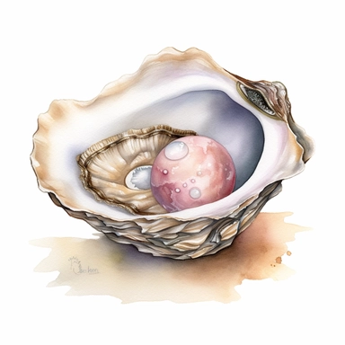 Watercolored pencil style illustration, boho style decorated oyster shell with a pearl inside, pink, beige and silver, isolated on a white background, PNG file clipart style, Dennis Wojtkiewicz, Amanda Clark, Lowell Herrero,
