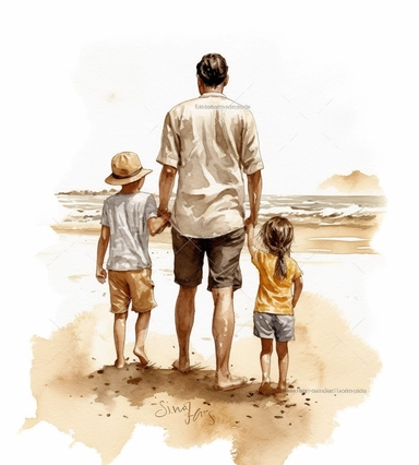 DESIGN A MAGNIFICENT AND EXQUISITE BREATHTAKING ONE-OF-A-KIND HIGH QUALITY HIGHLY DETAILED MASTERPIECE WATERCOLOR CLIPART ILLUSTRATION OF A man and his children on the beach, in the style of soft watercolours, gray and bronze, sigma 85mm f/1.4 dg hsm art, commission for, sublime, stylish, ULTRA REALISTIC, WHITE BACKGROUND, NO FONT, NO TEXT, NO WORDS, NO WATERMARK