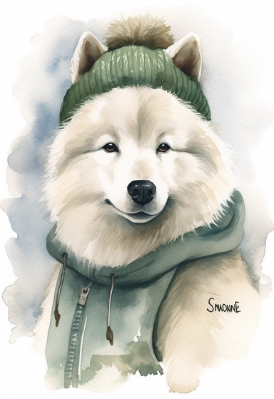 watercolour of a Samoyed wearing A cream cable-knit sweater paired with a dark green corduroy jacket, Add a brown leather collar with a brass name tag and a cream beanie with a pom-pom on the head as an accessory, clipart, white background, colourful, pastel color, watercolour, single sheet