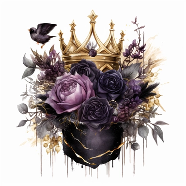 Idyllic watercolor and ink clipart of dark gothic dark moody dark moody burgundy, black and purple rose flowers with poison thorns, black raven wearing an ornate golden crown, with gold accent, isolated on a white background, dark moody colors, highly det