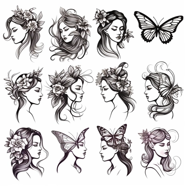 Clipart of summer fairy butterflies and flowers, in the style of watercolour, clean outline, individual, magical, enchanted,