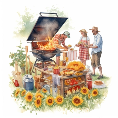 watercolor, hyper realistic, white background, white margins, 16k, ultra detailed clipart, cut out image, hand-drawn illustration style for picture books A group of people gathered around a portable grill, cooking food for their picnic. Use warm red and orange tones for the grill, and warm golden tones for the sunflowers in the background