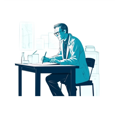 vector design, image of a the doctor sits at the table, writes, flat modern illustration, clipart, white background, soft gradient transition, in the style of warm color palette, natural pastel colors, in dark blue and turquoise colors, object portraiture specialist, uniformly staged images, animated illustrations