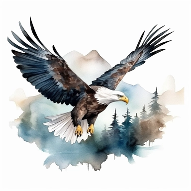Cute Beautiful Eagle Flying square Background Watercolor Clipart,Cartoon, hyper realistic, intricate detail, illustration style,high solution,on the white background