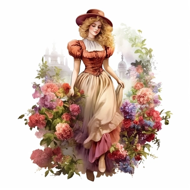 Fairytale Style beautiful realistic victorian styled dressed girl in the flowerland with watercolor effect,flowerland scene,flowers,fantasy style,realistic features,vibrant colors,suitable for digital clipart,white background Clipart ,Cartoon,hyper realistic, intricate detail, illustration style,high solution,on the white background