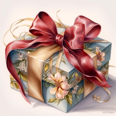 insanely beautiful wrapped gift with burgundy colour as the most strong, in the style of beatrice potter and jody Bergsma, silk vibrant red bow,32k uhd, hand-painted details, pastoral illustrations, amazing colour combinations with beige green and burgundy, aquarellist, hd , white background clipart ,-- no watermark--ar 27:37