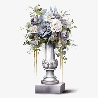 watercolour beautiful realistic grey floral wedding flower spray on roman pillar tall stand realistic elegant wedding floral display stand with white glitter wedding flowers ,clip art graphics , PNG image,transparent background ,ultra highly detailed, 18k, sharp focus, bright photo with vibrant colours, digitally enhanced,photographic, enhanced graphics, png format, straight, sharp focus, bright lighting, intricate detailed png image ,high definition,300dpi,graphic clipart,computer graphics