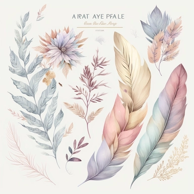soft colorful pastel-colored leaves and flowers and feathers clipart set, colorful fairy pastel colors watercolor style, intricate and detailed, exquisite realism, use of fabric, soft and subtle watercolor style, plain white background