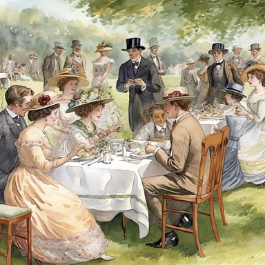 watercolor style, a beautiful British tea party outside on a long wooden table with chairs with teacups in saucers, serving plates, finger foods on platters on tiers, women in fancy Victorian dresses sitting in the chairs, the women with beautiful faces and men in fancy suits, ties, and fabulous hats, playing croquet on the lawn, clipart, digital art, illustration