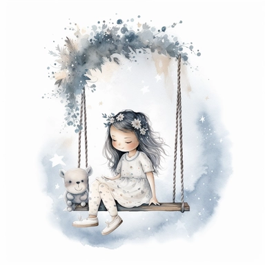 pale soft little girl, 5 years, long haïr, sitting on a swing hanging under a très, with flower headband, in the style of whimsical, stars, moon, detailed character illustrations, book illustration, watercolor style, textured paper, white background clipart