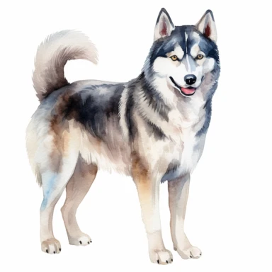 full perspective, watercolor husky dog clipart, on a white background