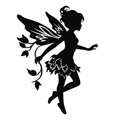 the image of a small black Pixie flying on white is shown, in the style of stencil art, heavy outlines, flickr, hard edge, sculpted, woodcut, clipart cut file cuttable cricut vector