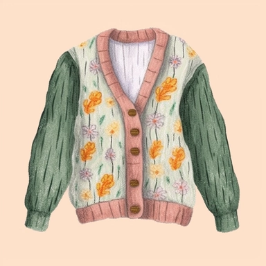 hand-drawn color pencil spring cardigan, color pencil clipart on plain background, high definition, 8k, intricate details, [ink effect]