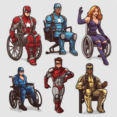 6 clipart elements, series of very hyperdetailed colorful stickers, cool people with disabilities, marvel style, superheros, each sticker with a clear white outline between each element, light grey background, realistic