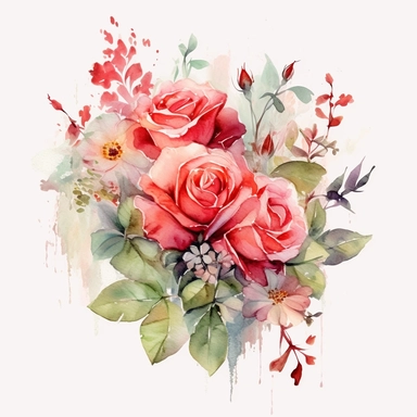 watercolor pink and red flower roses and leaves bouquet with floral detail, clipart, red and beige, booru, uhd image, pastoral charm, free brushwork