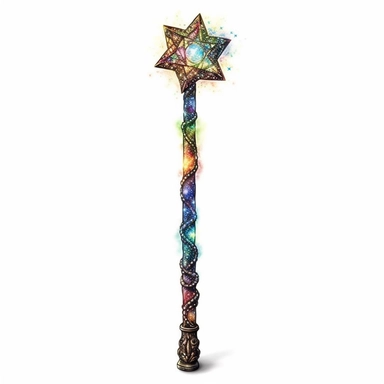 discopunk earthy magic wand, swirling color with tiny stars, northern lights, isolated on white background, clipart, highly detailed
