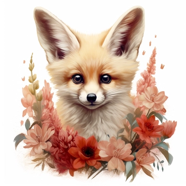 lashes, super lovely, nursery, close-up of an fennec foc, flower. The red panda has fluffy fur with black markings, large ears, and bright eyes. It is standing on top of a white background. vintage clothing hyper realistic 8k clipart