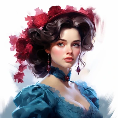 Crazy beautiful brunette victorian lady, speedpainting, ruby red and pastell blue, victorian era clothing,princesscore, pop kei, cartoon realism,white background,clipart