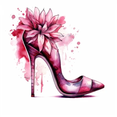 watercolor clipart of vintage pink high heel shoes, floral, color pencil drawing, nice composition, vector, outline, isolated white background, 16k
