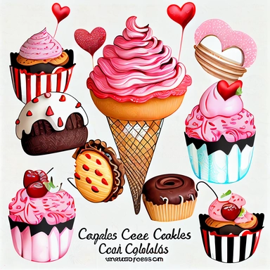 valentines day treats, cupcakes, chocolate candy, ice cream soda, cakes and cookies clipart set, hand-drawn,