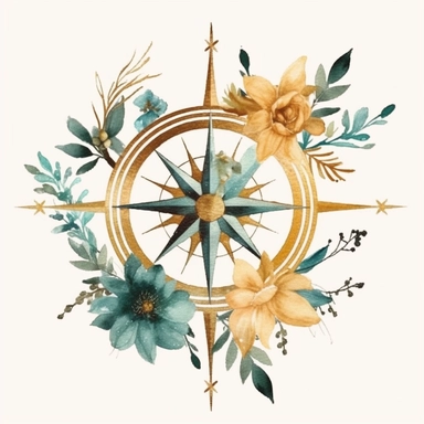 basic watercolor gold compass with teal florals in minimal hand drawn style, Etsy, textured, clipart, white background