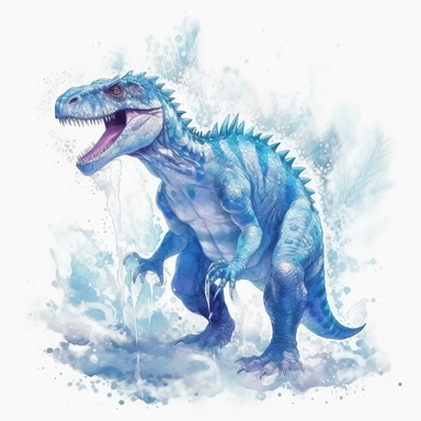 high level watercolor, hyper realistic, white background with margins, 8k, ultra detailed clipart, large, futuristic, A giant dinosaur king walking , its frosty breath creating swirling snowflakes and ice formations in the air, fairy, cool, pastel blue