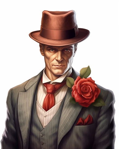 detailed hansome man facing me with vintage hat with red rose dressed in a vintage suit, hyper realistic, isolated on white backgorund, clipart
