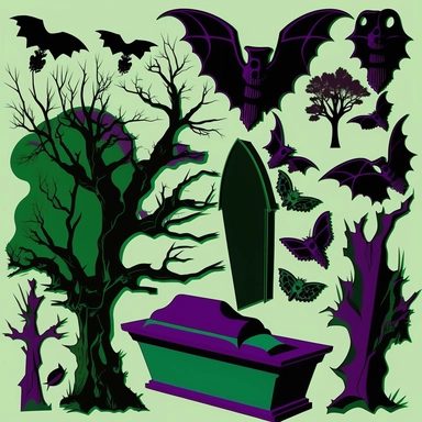 clipart model sheet of various psychobilly elements of design like dead trees, bats, coffins, that would fit in a psychobilly style Hawaiian pattern, using shades of black, purple and green
