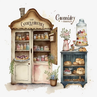 cozy cottage pantry, french bakery cabinet, blank background, cluttered, watercolor, vintage, boho, clipart