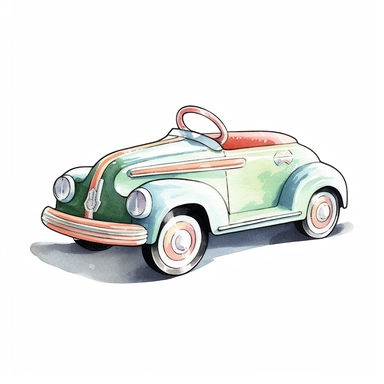Vintage Hand painted pastel clipart of a pull along toy car in the style of vintage nursery kitsch Lefton, retro midcentury 1950’s, white background, contour