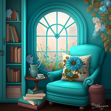 Bookworm cozy reading corner, flowers, window, caribbean blue color, clipart
