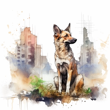 watercolor clipart dog in a abandoned places overgrown city