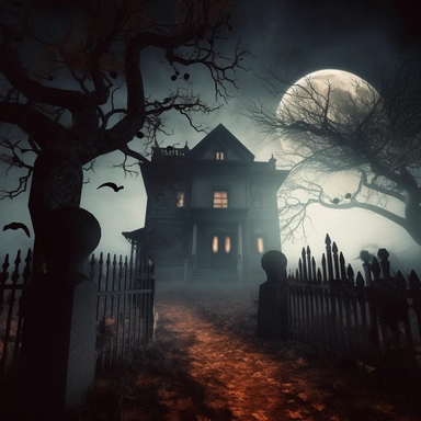 A spooky Halloween night with a haunted house in the background, a full moon casting an eerie glow, gnarled trees with twisted branches, and jack-o'-lanterns lining the path leading to the house. The environment is enveloped in a dense fog that adds to the mystery and suspense. The scene's mood is chilling, evoking a sense of anticipation and the unknown. Photography, using a wide-angle lens (24mm) to capture the vastness of the scene, with long exposure settings to create a haunting effect, hal