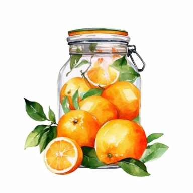 orange in a jar, watercolor clipart, minimalist, bright colors, isolated white background, 8k